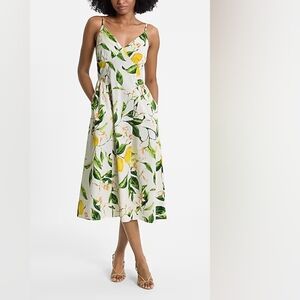 Express Lemon Floral Sleeveless V-Neck Ruched Midi Dress
